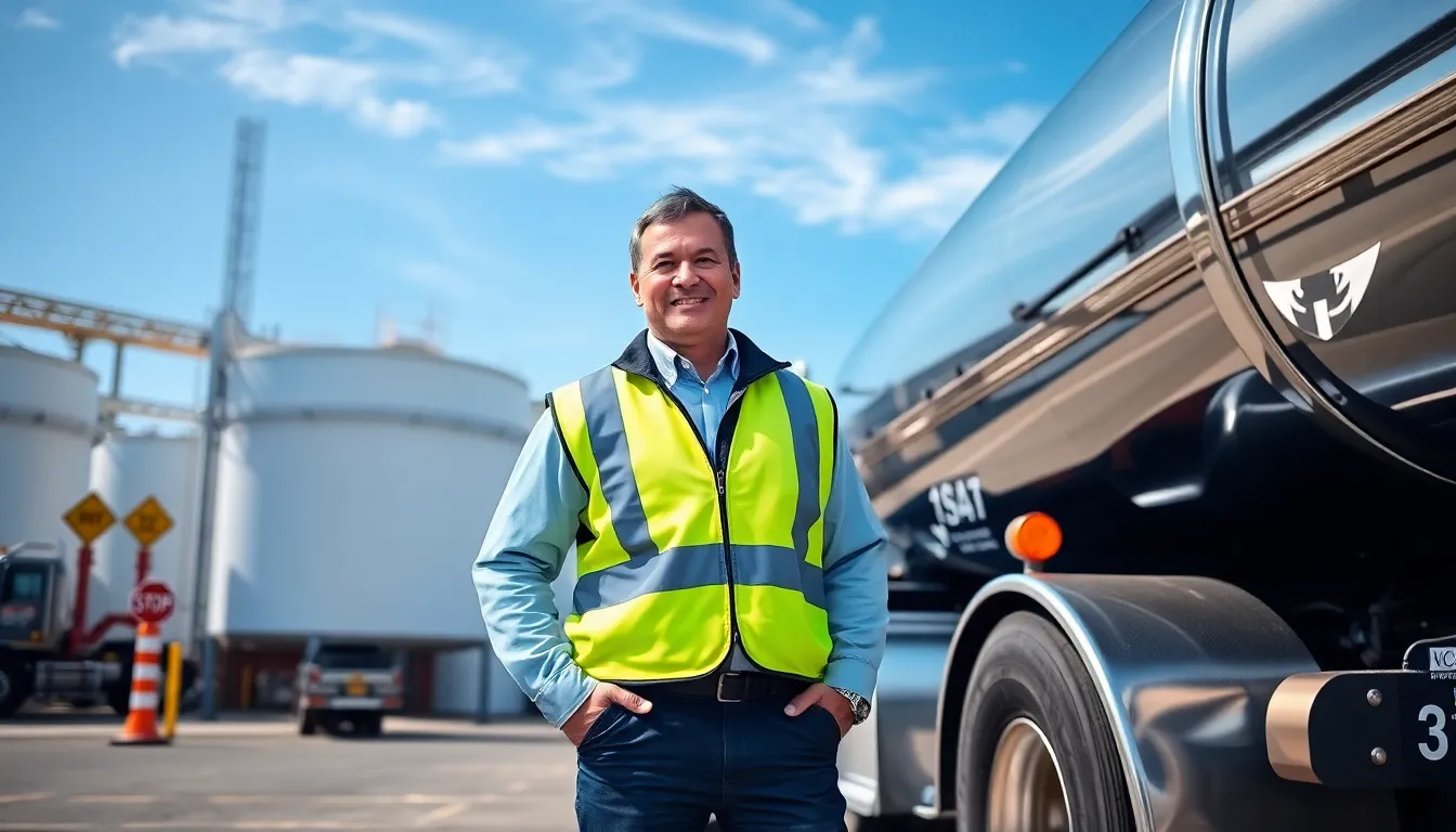 driver with a tanker truck in a logistics yard.