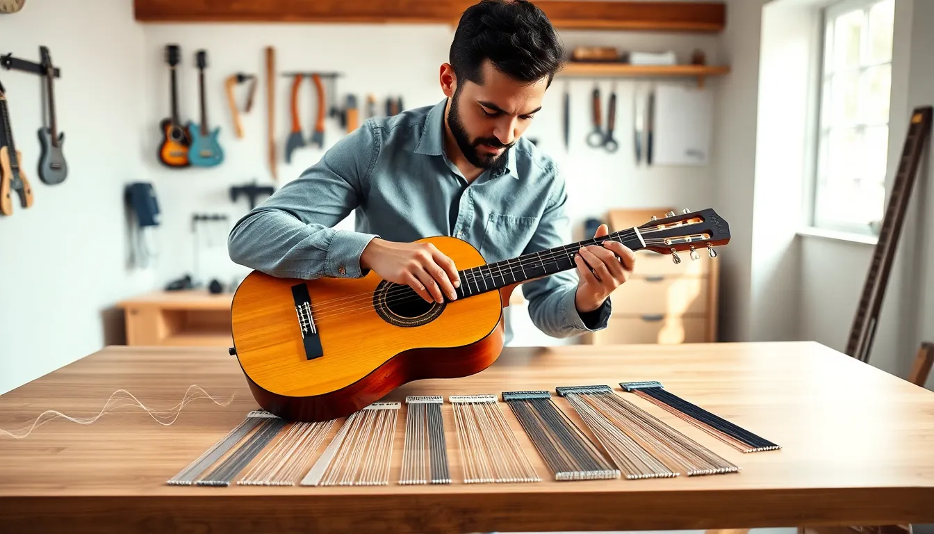 luthier restringing a classical guitar in a modern workspace.