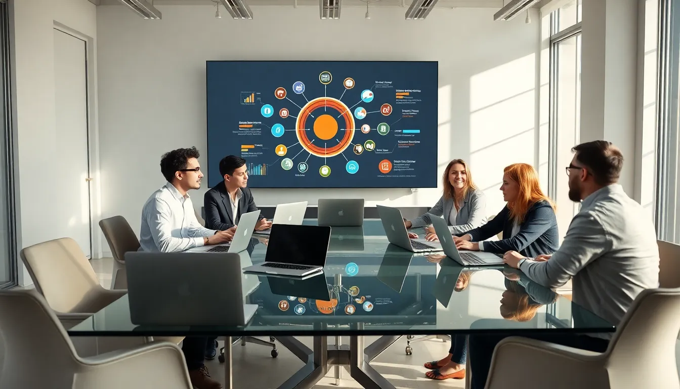 diverse marketing team discussing technology in a modern office.